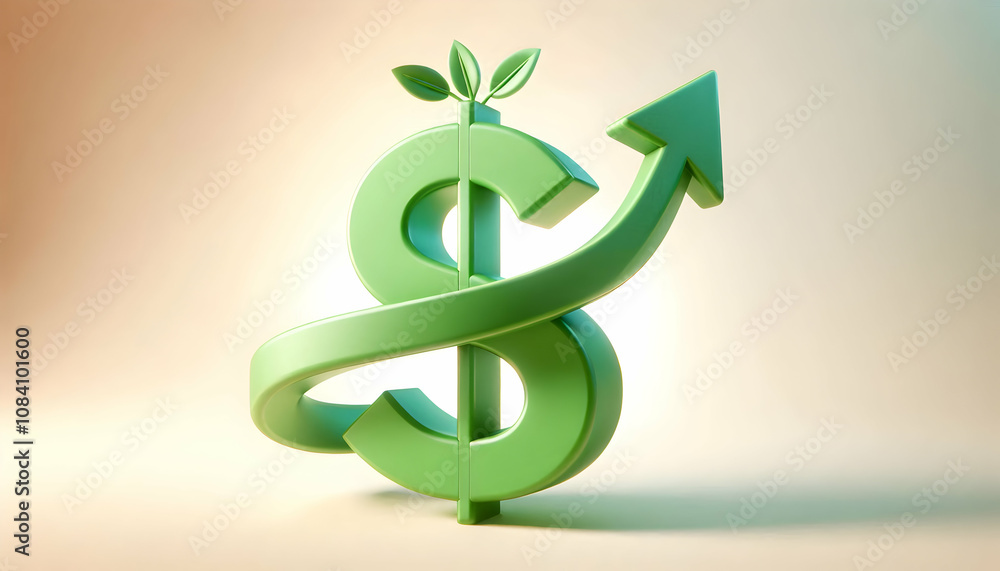 Obraz premium 3D Abstract green upward arrow with dollar sign and soft background and copy space concept as A soft abstract image shows a green upward arrow intertwined with a dollar sign against a gentle backgroun