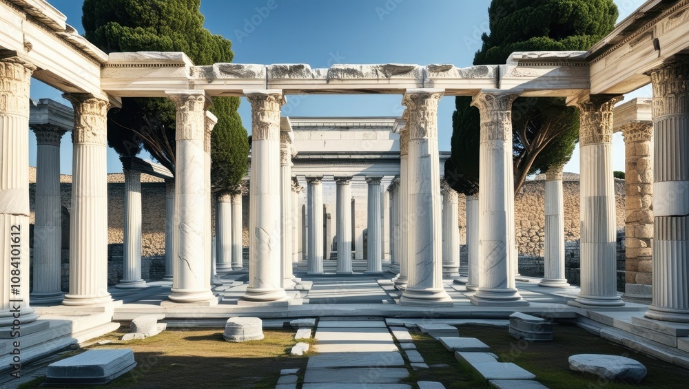 Fototapeta premium Ancient Roman architecture, marble columns, circular colonnade, ruined structure, Mediterranean landscape, blue sky, cypress trees, historical site, archaeological ruins, classical design, sunlit ston