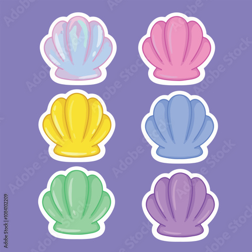 Set of colorful seashells on purple background. Vector illustration.