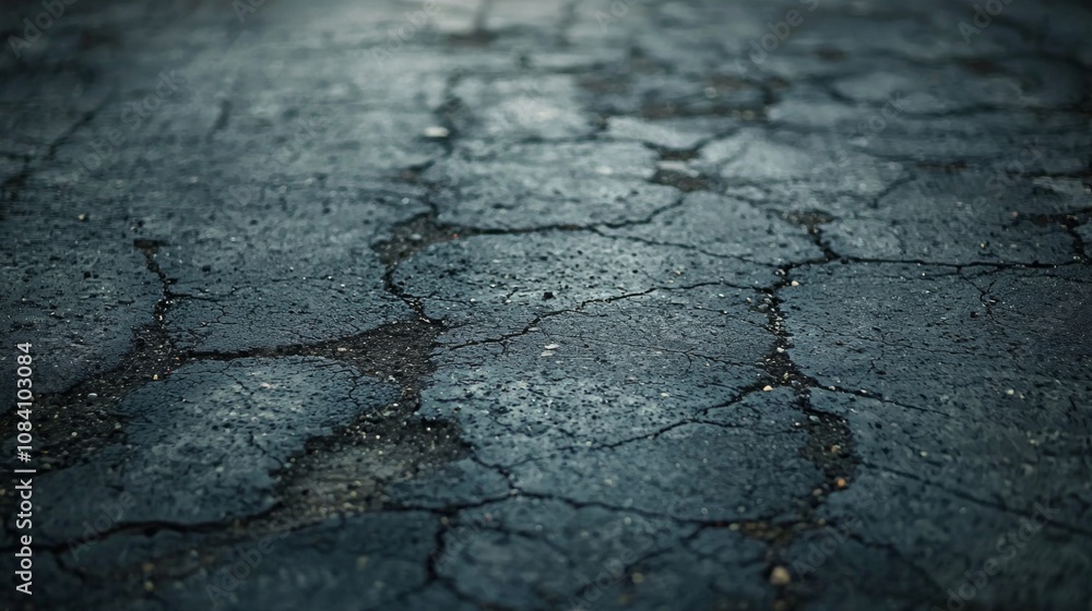 Obraz premium Close-up view of a severely cracked asphalt road surface, showcasing extensive damage, weathering, and a sense of decay and abandonment, creating a powerful visual metaphor for decline and neglect