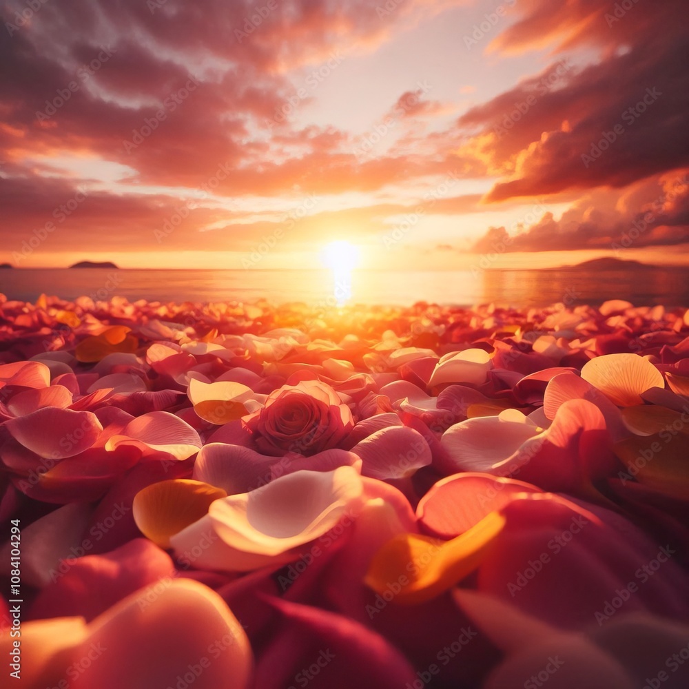 Fototapeta premium Pink Rose Petals During Golden Sunset Over Ocean in Romantic Paradise Setting