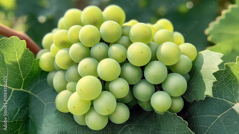 Obraz premium Close-up of a cluster of ripe green grapes surrounded by large green leaves in a vineyard setting.