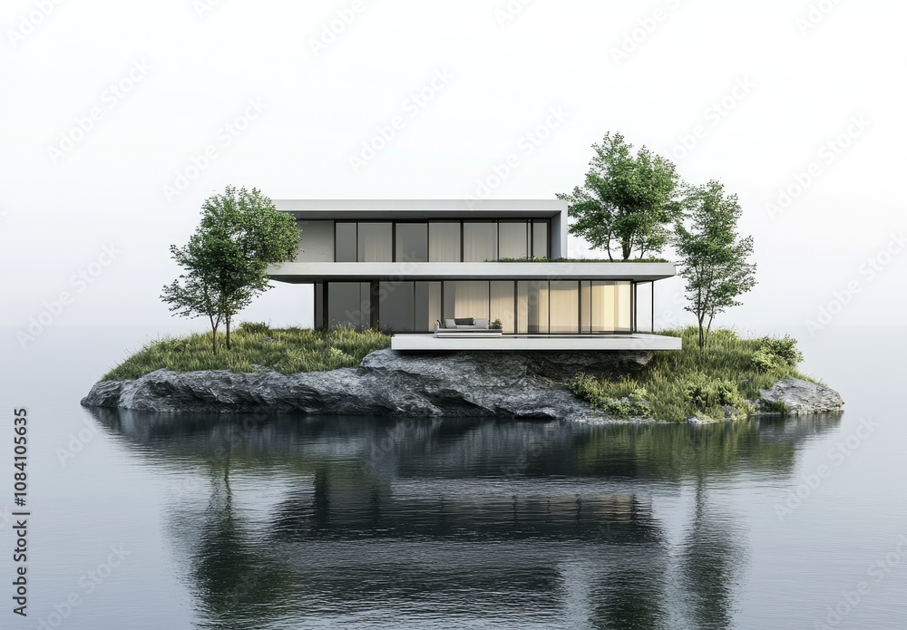 Obraz premium 3D rendering of a modern house with a garden, isolated on a gray background, side view