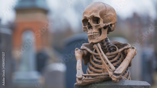 Contemplative skeleton on grave.