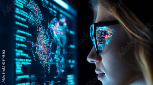 Wallpaper Mural image features person wearing glasses, intently observing digital display filled with colorful data visualizations and maps. scene conveys sense of focus and technological engagement Torontodigital.ca