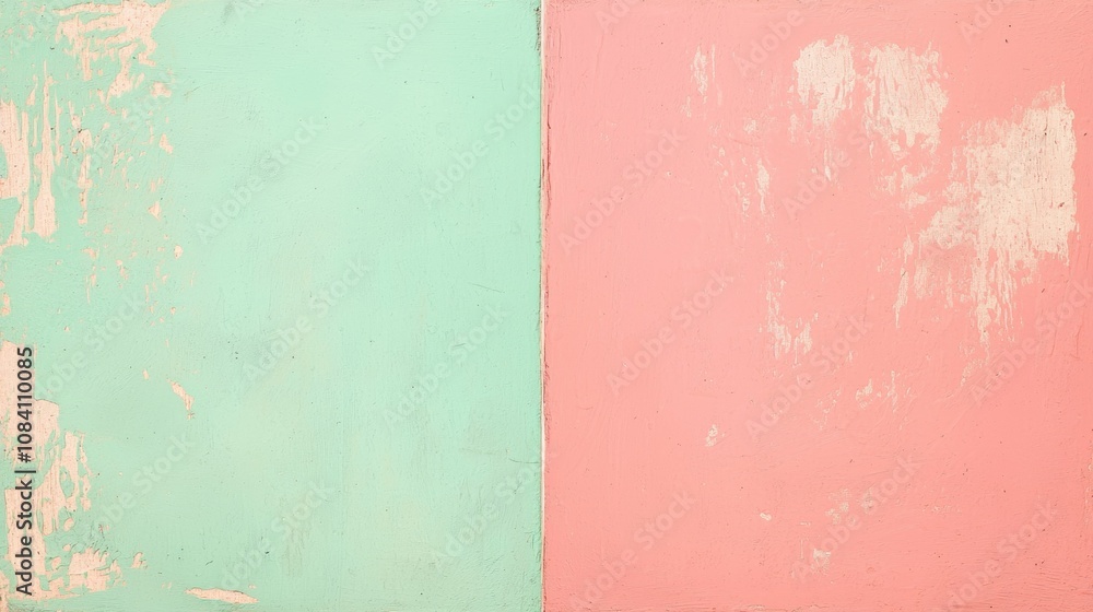 Fototapeta premium Two-tone pastel background featuring light green and pink sections with peeling paint, scratches, and a textured surface, ideal for vintage or retro designs