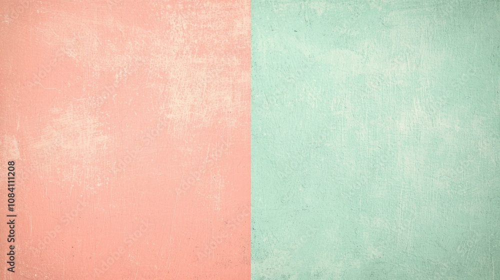 Fototapeta premium Pink and turquoise textured background creating a split effect, evoking vintage or retro aesthetics, ideal for design projects