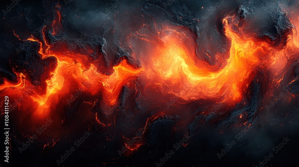 Fototapeta premium Molten lava flows across dark, rocky surface.
