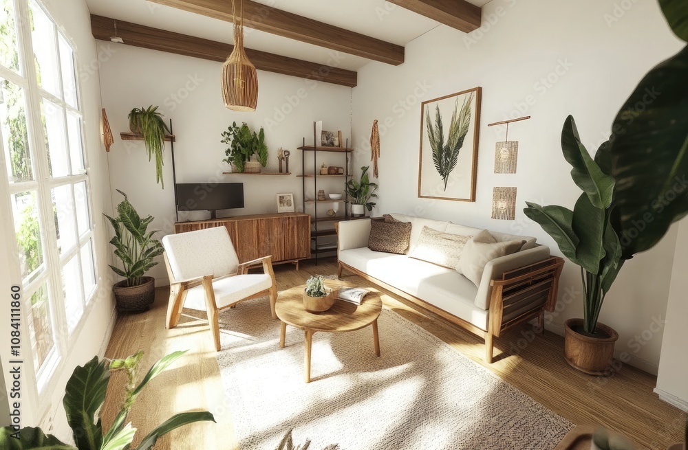 Fototapeta premium A Scandinavian-style living room with wooden furniture, white walls, and an empty canvas for copy space on the wall