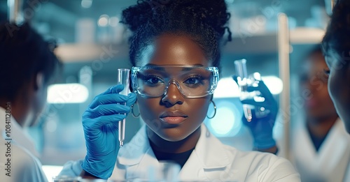 Black Female Scientist Celebrates AI-Powered Research Success in Laboratory Setting