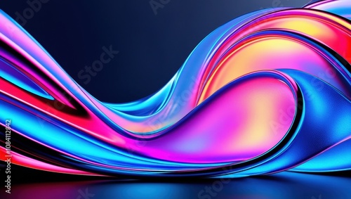 Vibrant flowing waves, neon colors, blue and pink gradients, smooth curves, abstract digital art, glossy texture, dynamic composition, futuristic design, iridescent sheen, fluid motion, dark backgroun