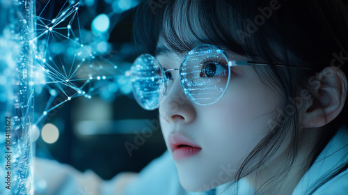 A young woman with glasses gazes intently at digital interface, surrounded by glowing blue data connections. Her expression reflects curiosity and wonder in futuristic setting