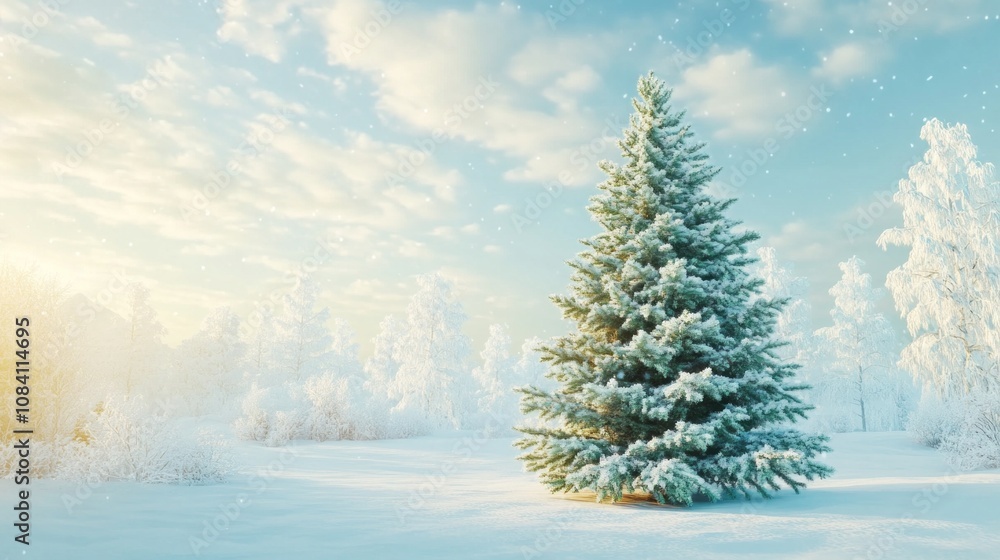 Fototapeta premium A large white pine tree stands in a snow-covered field