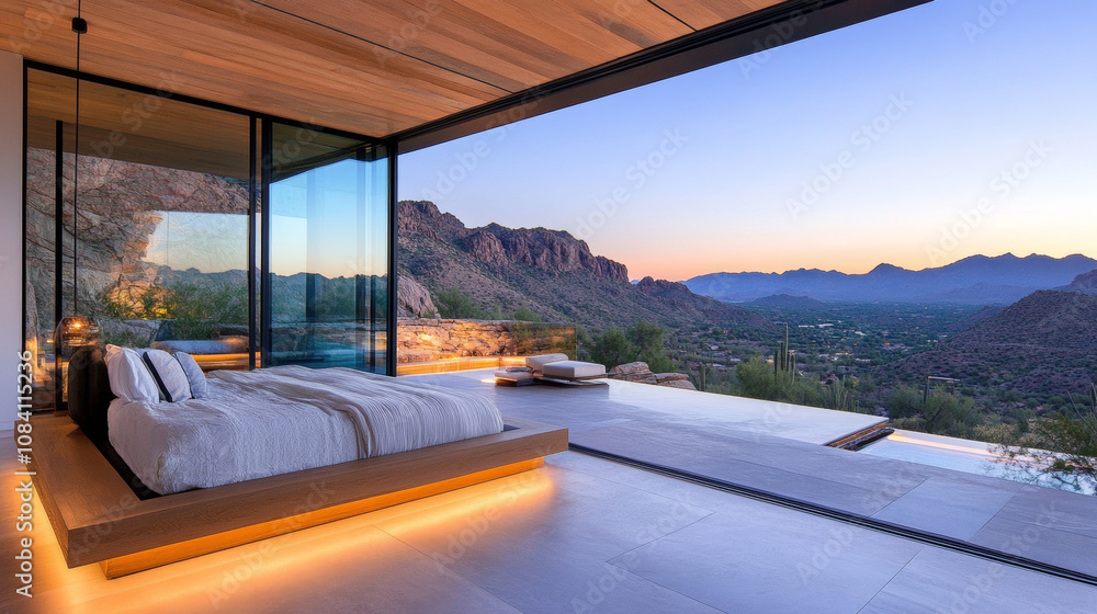 Fototapeta premium A modern bedroom with stunning mountain view, featuring large bed, floor to ceiling windows, and serene outdoor space. warm lighting creates cozy atmosphere, perfect for relaxation
