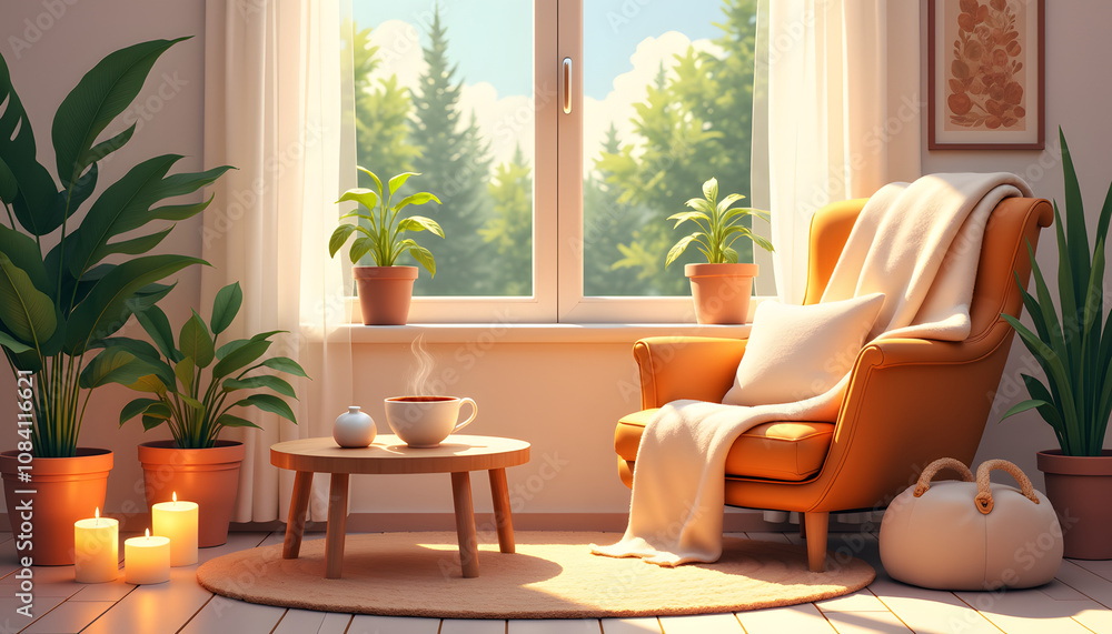 Fototapeta premium Minimalist Living Room with Serene Atmosphere Against Forest Backdrop with Copy Space