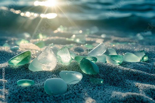 Colorful sea glass sparkles in the sunlight on the sandy beach, creating a lovely display photo