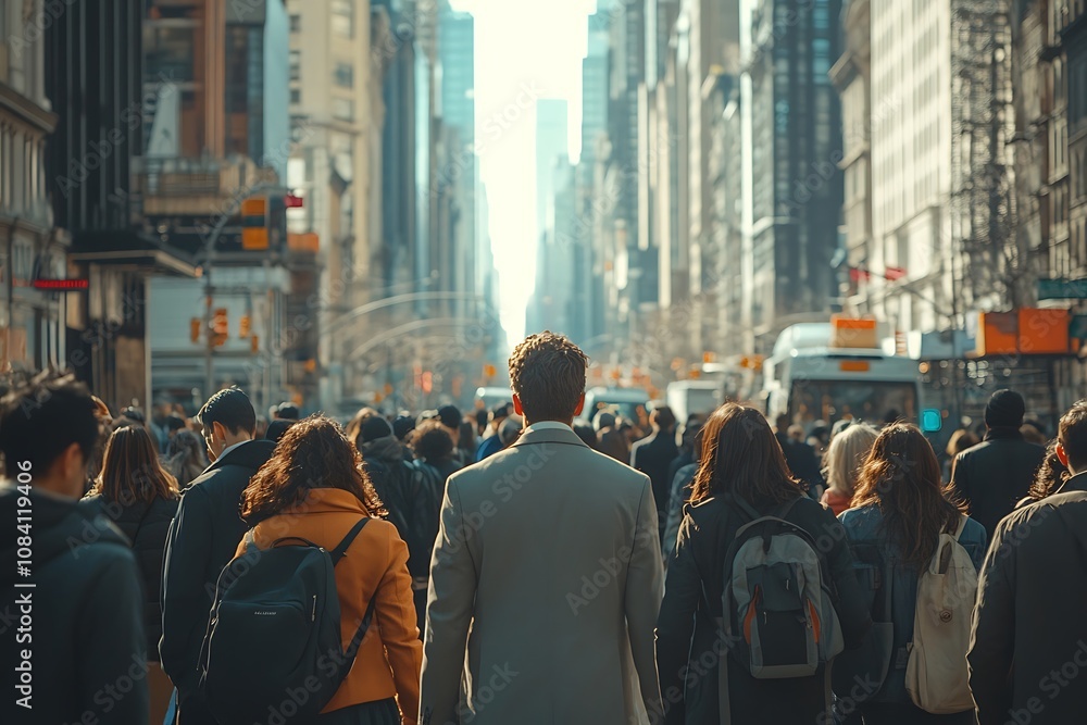 Obraz premium Back View of Man Walking in Busy City Street Crowd2