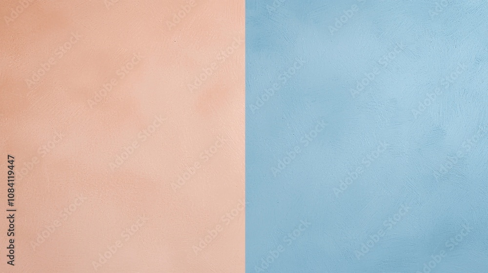 Fototapeta premium Soft peach and blue pastel colors divide a textured wall, creating a modern, elegant background. Inspiring creativity and peace, perfect for websites and social media