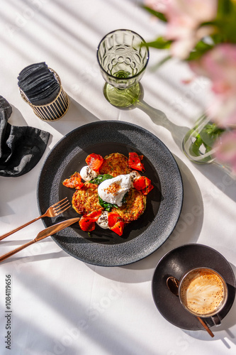 Light breakfast in a restaurant with coffee, poached egg and salmon gravlax