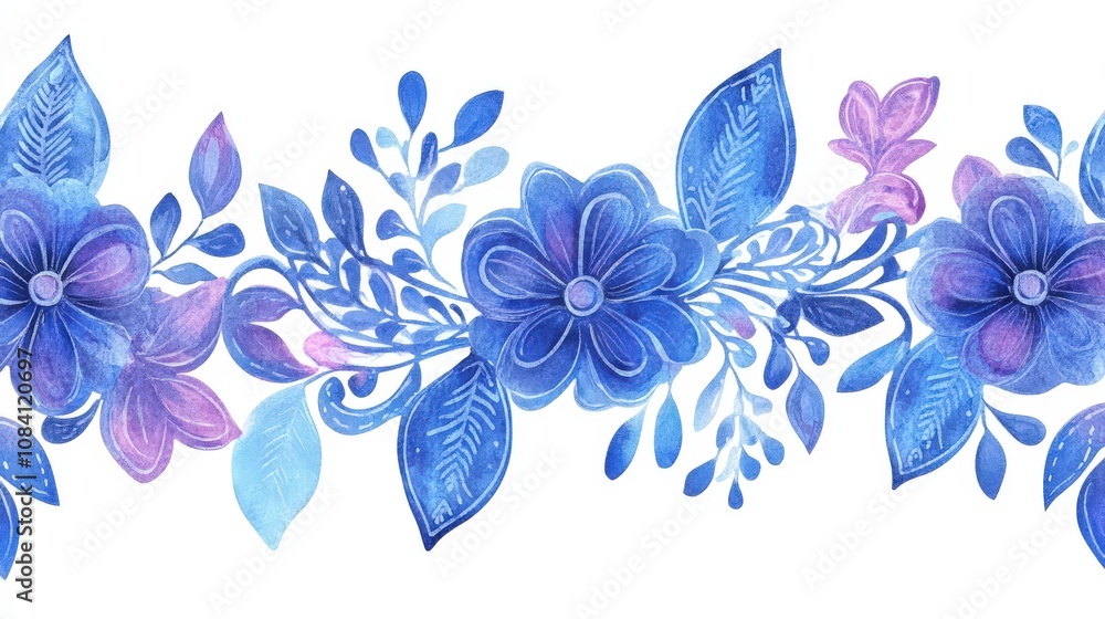 Obraz premium Watercolor Floral Border with Blue and Purple Flowers