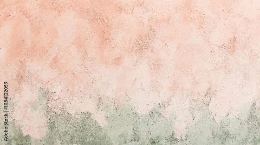 Fototapeta premium Peach and green textured wall background showing weathering, cracks, and decay, creating a vintage or distressed aesthetic perfect for backgrounds