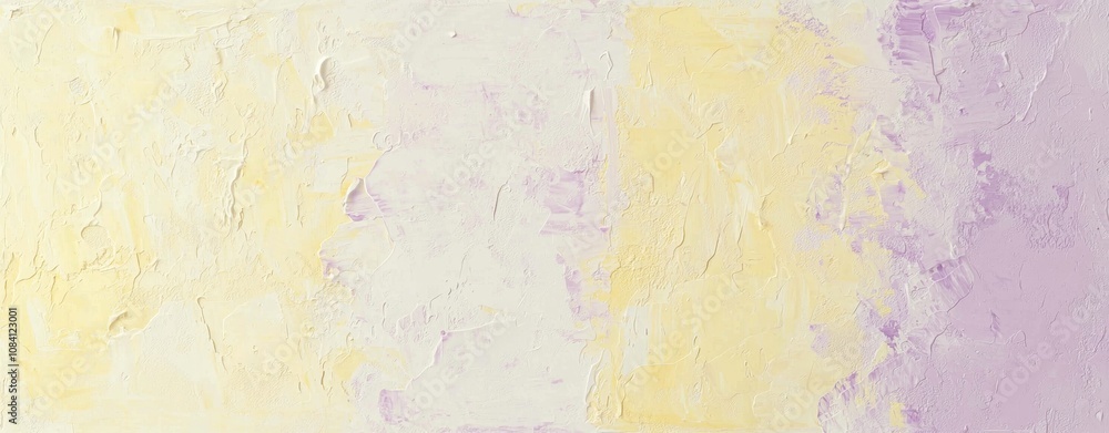 Fototapeta premium Textured impasto painting background with yellow, white, and purple hues, perfect for any design project. Brushstrokes and layers of acrylic paint create a modern feel