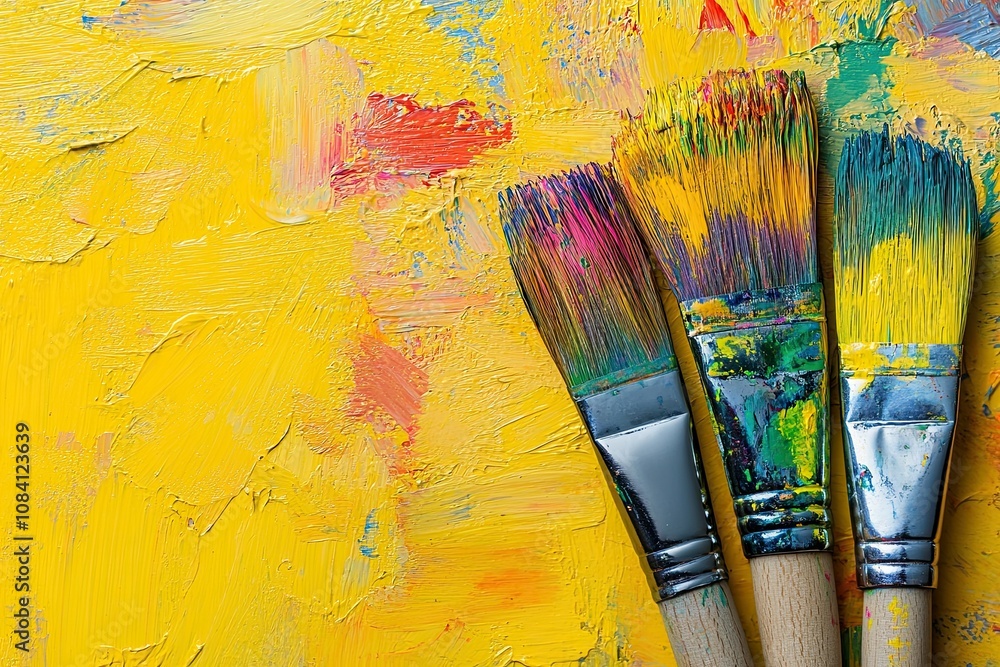 Obraz premium Artistic paintbrushes with splashes of rainbow colors on a white background