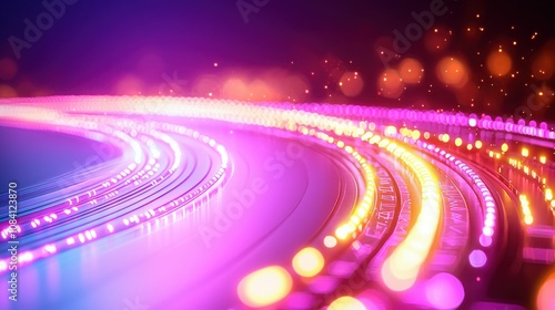 Dynamic neon light trails urban landscape abstract art vibrant night scene close-up perspective digital aesthetics