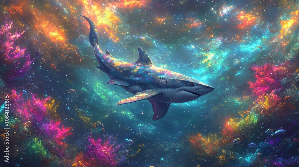 Obraz premium Vibrant Underwater Scene with Majestic Shark Swimming Amidst Colorful Coral Reefs and Luminous Oceanic Background