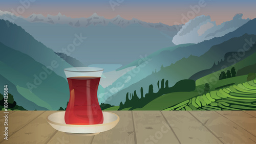 Traditional Turkish black tea on the wooden table, tea field, mountain and sunset in the background. vector illustration.