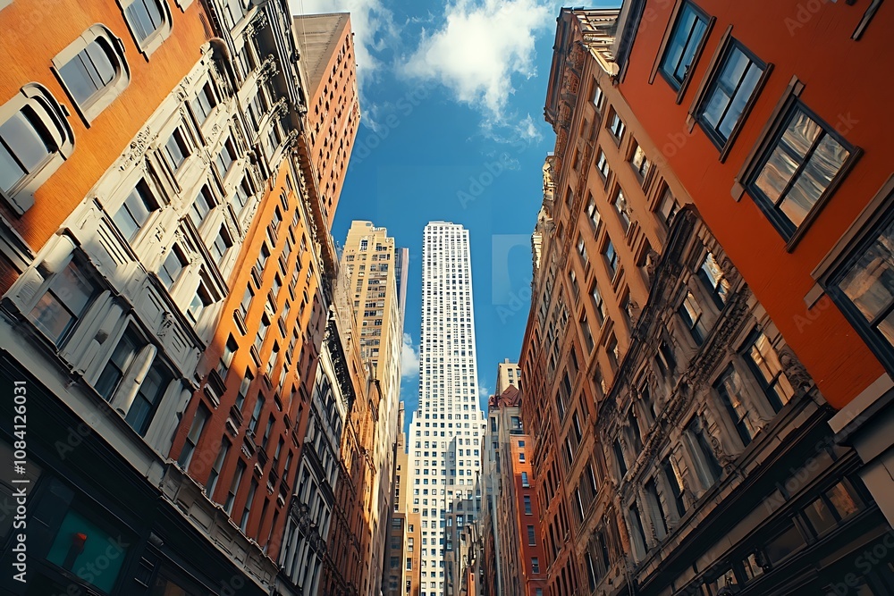 Fototapeta premium Brick Buildings Looking Up at Tall Skyscrapers in a City