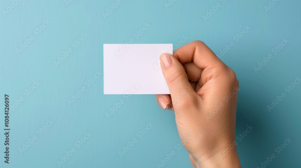 Obraz premium Hand holding blank card, blue background