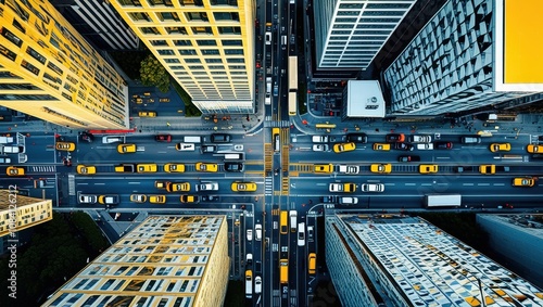 Aerial view, city intersection, skyscrapers, night scene, neon lights, urban landscape, geometric patterns, futuristic cityscape, glowing streets, bird's eye perspective, high-rise buildings, symmetri photo