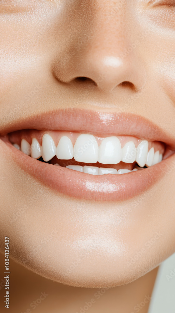 Fototapeta premium A close up of smiling woman showcasing her bright, white teeth and healthy gums, radiating joy and confidence. image captures essence of beautiful smile