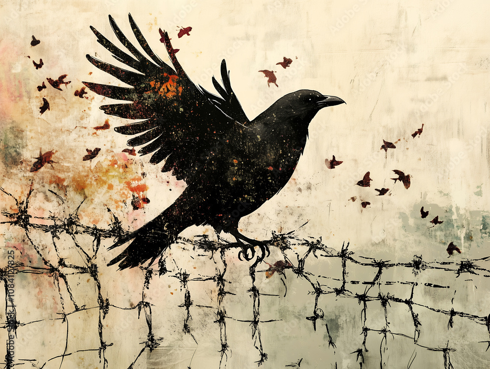 Fototapeta premium Freedom and Confinement, Soaring Crow with Fence