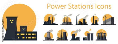 Power Station Icon Set Industrial Energy Plant