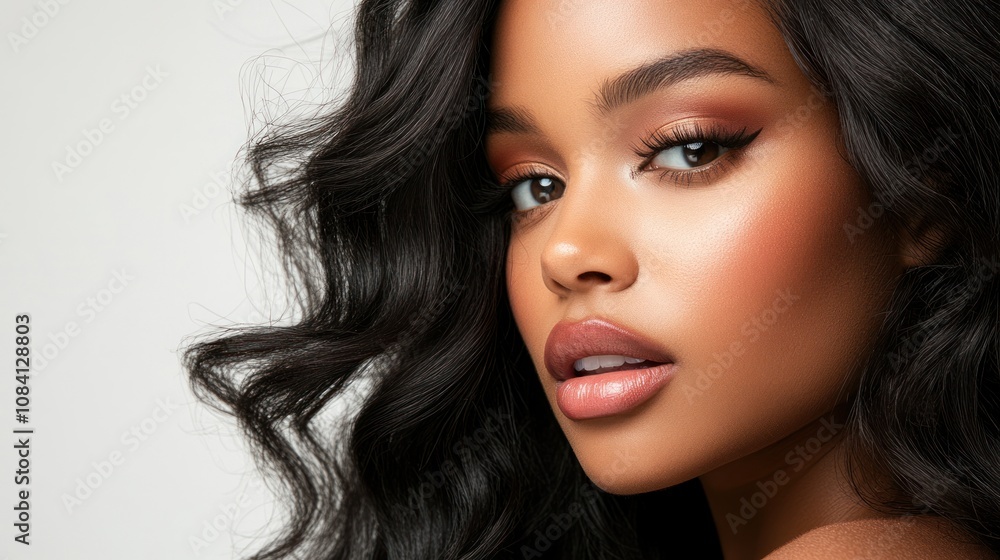 Naklejka premium Artistic editorial photo of a black woman with bold eyeshadow and flawless makeup, her 30