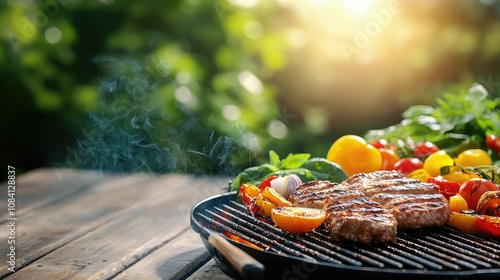 A close-up of a hot grill featuring chargrilled steaks and fresh vegetables, surrounded by greenery and bathed in the warm light of a summer afternoon. photo