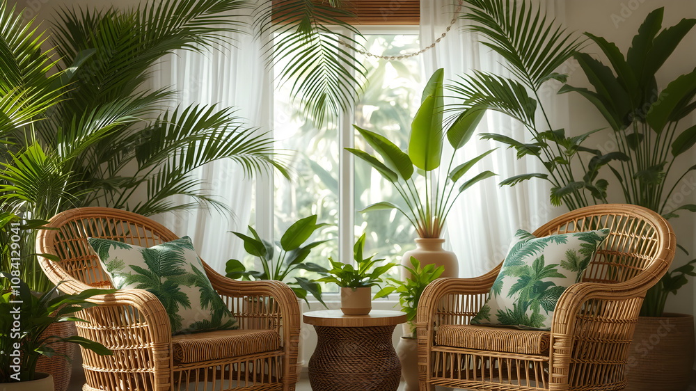 Fototapeta premium Tropical living room with rattan chairs and jungle-pattern pillows.