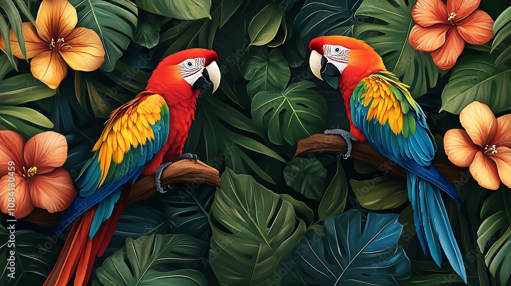 Fototapeta premium Colorful parrots in tropical paradise nature scene vibrant flora close-up view wildlife beauty