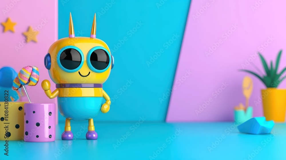 Fototapeta premium Cute Robot with Candy Fun 3D Render Childrens Cartoon Sweet Treats Bright Colors Playful Design