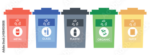 Waste segregation. Sorting garbage by material and type in colored trash cans. Separating and recycling garbage vector infographic. Garbage and trash, ecology rubbish recycling illustration