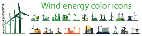 A diverse collection of vibrant and colorful icons symbolizing wind energy along with various renewable resources