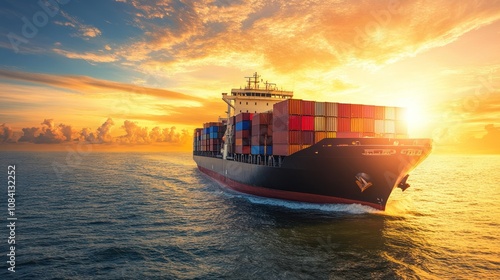 A cargo ship sailing over a sunlit sea with small waves, the sunlight glinting off the water and the ship containers, emphasizing the vastness and beauty of global shipping routes.