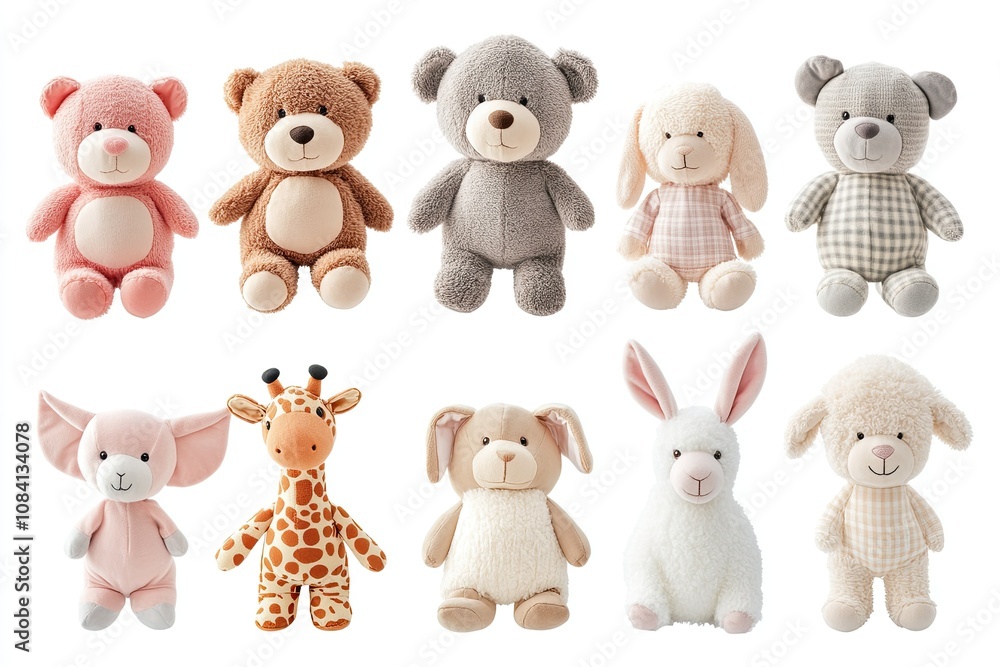 Fototapeta premium Set of cute plush toys isolated on a white background