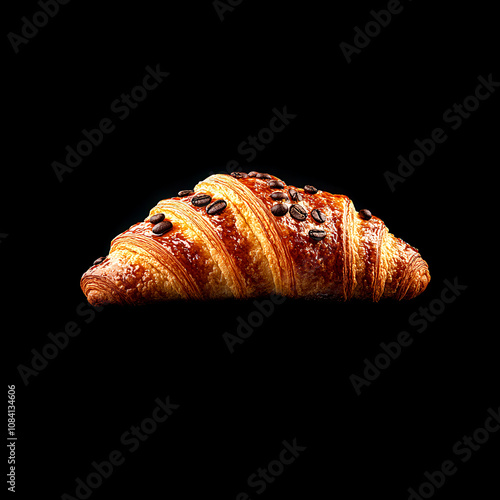 A golden, flaky croissant topped with chocolate chips, set against a dark background, highlighting its texture and deliciousness.