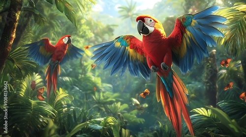 Wallpaper Mural Flying macaws in lush jungle paradise nature scene Torontodigital.ca