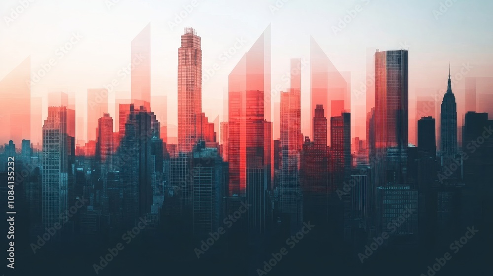 Fototapeta premium Abstract city skyline with red overlay and layered transparency symbolizing urban development and innovation