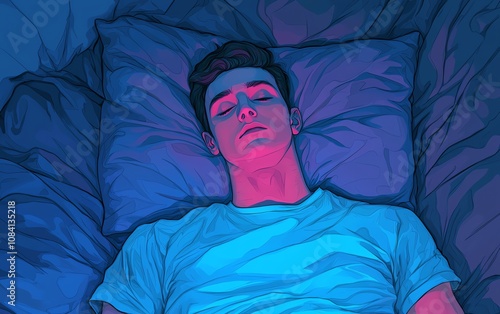 Illustration of a peaceful young man sleeping in a bed under blue lighting, creating a calm and serene atmosphere for restful sleep. photo