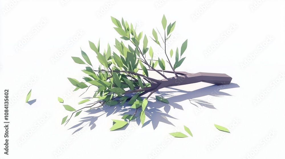 Naklejka premium Fresh Green Branch with Leaves on a Minimalistic White Background, Perfect for Nature Themes in Design, Eco-Friendly Concepts, and Minimalist Aesthetics